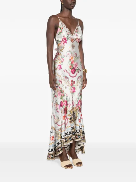 Rochie Camilla cu model floral cu imagine asimetrică alb