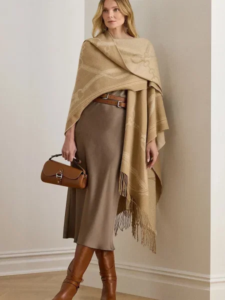 Пончо с вълна Lauren Ralph Lauren от лека материя бежово