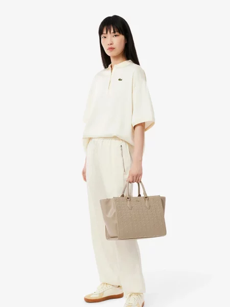 Велика шкіряна сумка Lacoste бежева