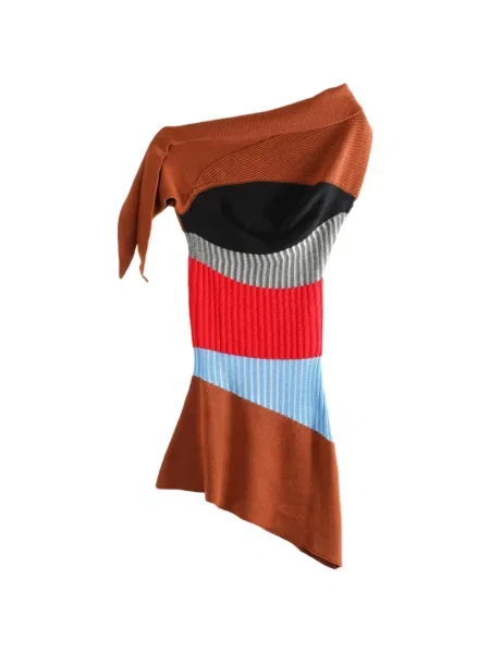 Sukienka mini Kiko Kostadinov w paski asymetryczna garniturowa brązowa