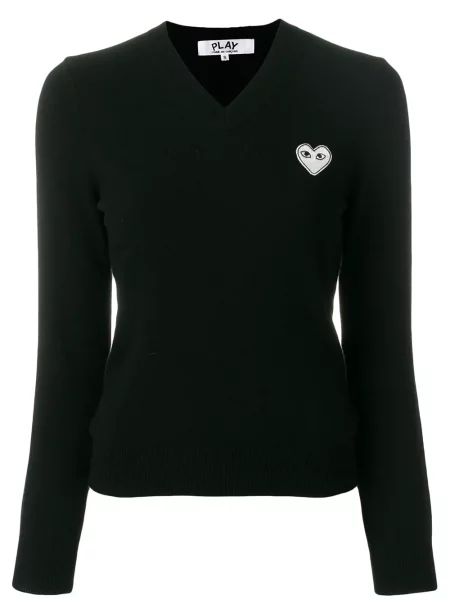 Pulover Comme Des Garcons Play cu decolteu în V cu motiv cu inimi negru