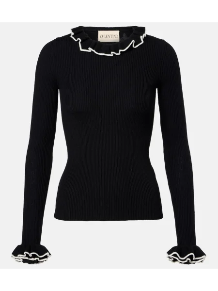 Pulover Valentino de lână cu volane negru