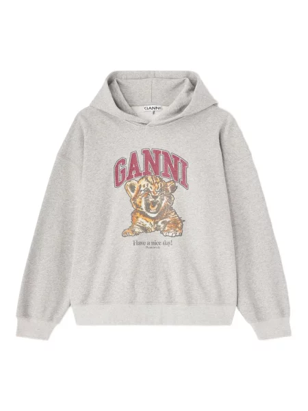 Bluza z kapturem Ganni z kapturem z nadrukiem w tygrysie prążki szara