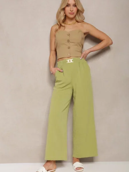 Jasnozielone Spodnie z Szerokimi Nogawkami w Stylu Palazzo High Waist z Gumką w Pasie z Ozdobnym Elementem Ellsiana zielone