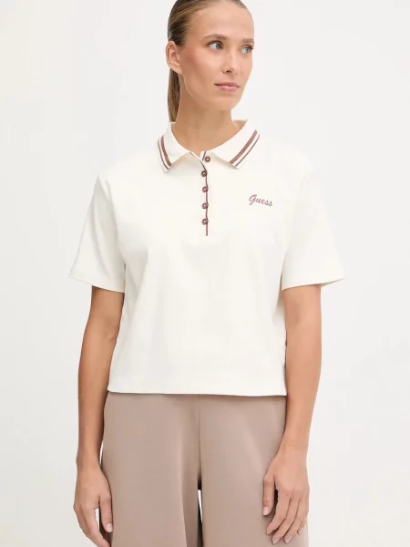 Тениска с яка Guess FABIA дамска бежово