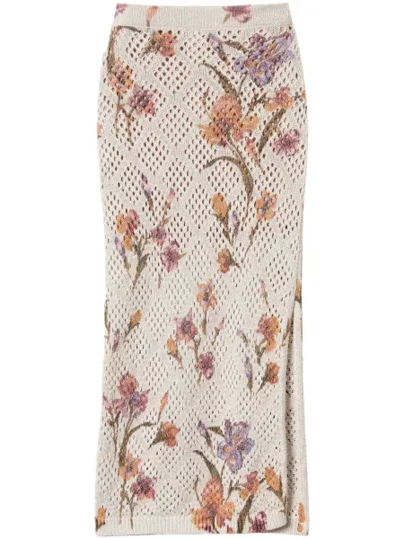 Fustă midi Twinset cu model floral cu imagine până la genunchi alb