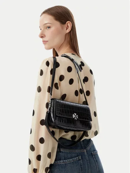 Torbica Tory Burch Charlie Embossed Croc Small Shoulder Bag crna