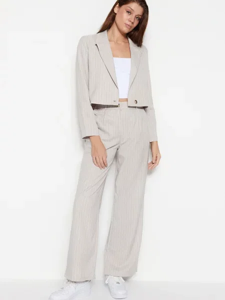 Pantaloni Trendyol cu dungi cu strasuri țesuți gri