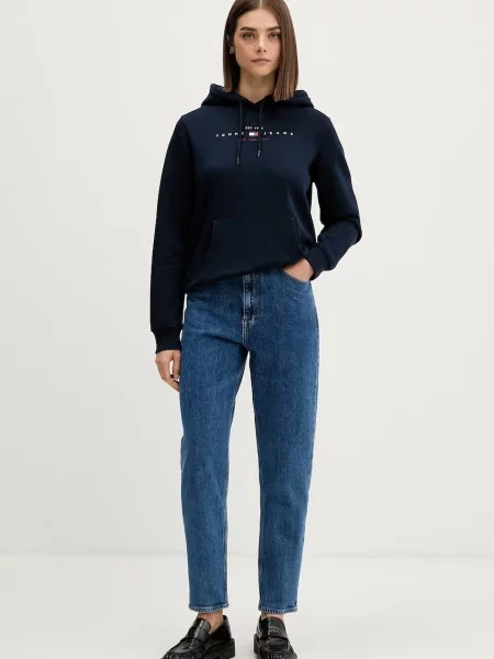 Tommy Jeans pulover s kapuco z bombažem modra