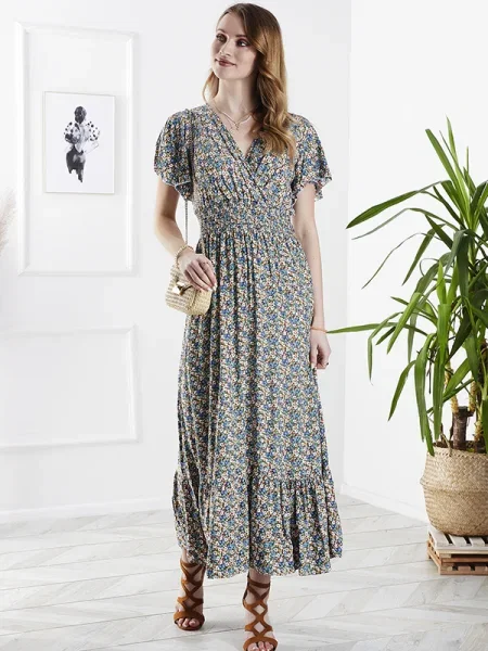 Rochie midi Resti cu model floral până la genunchi de costum albastru