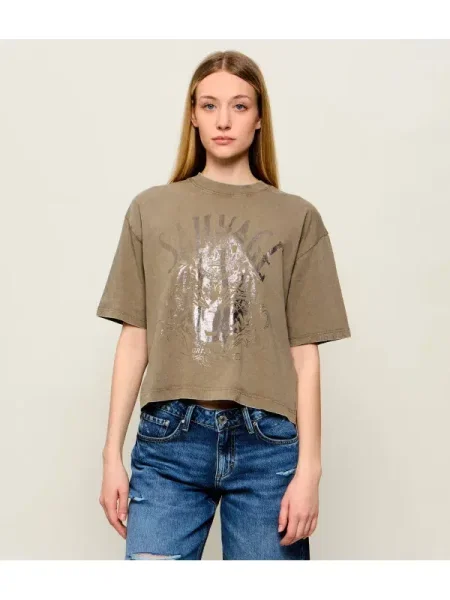 GUESS Tricou SAVAGE TOUR | Cropped Fit maro
