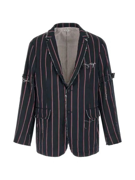Pruhované sako Thom Browne s třásněmi modré