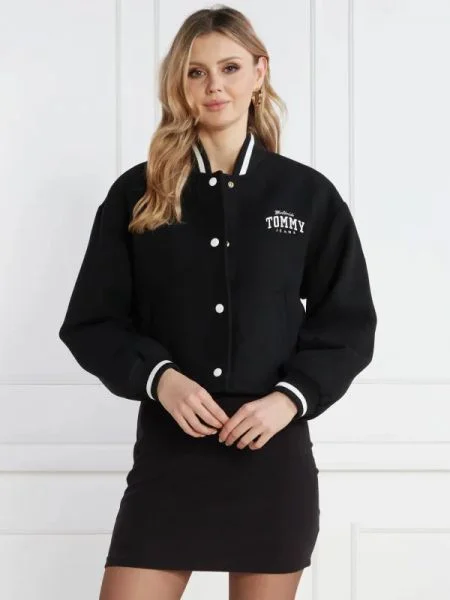 Tommy Jeans Geacă bomber TJW CRP WOOL VARSITY | Cropped Fit cu adaos de lână negru