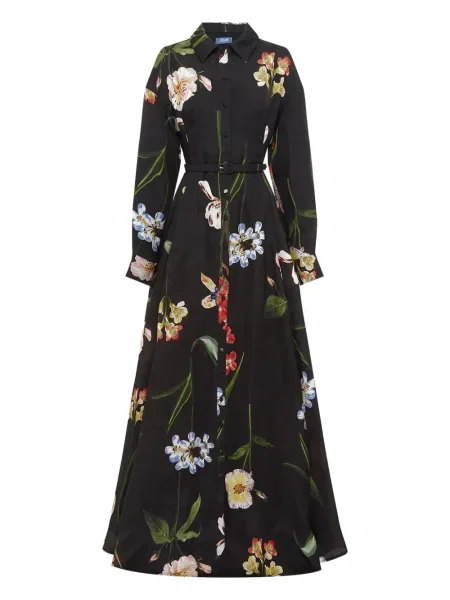 Sukienka koszulowa Leo Lin w kwiatki z nadrukiem garniturowa czarna