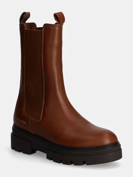Kožne gležnjače Tommy Hilfiger MONOCHROMATIC CHELSEA BOOT za žene ravni potplat smeđa