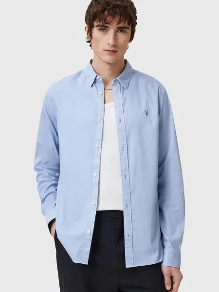 Риза AllSaints HAWTHORNE LS SHIRT мъжка с кройка по тялото с класическа яка синьо