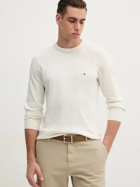 Пуловер с лен Tommy Hilfiger мъжки от лека материя бежово