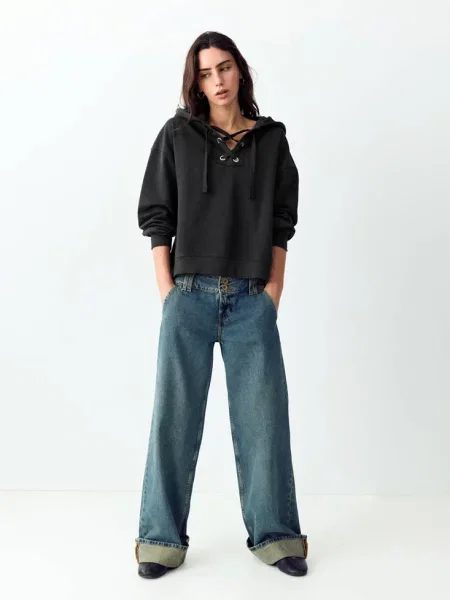 Bluza z kapturem i wiązaniem antracytowy Teen XS MANGO TEEN