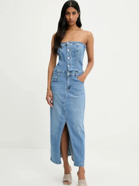 Answear Lab sukienka jeansowa midi prosta niebieski