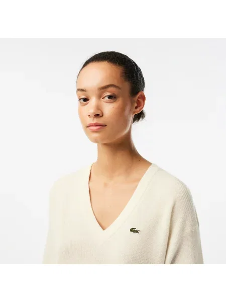 Lacoste Sweter Z Dekoltem W Serek Lacoste beżowy