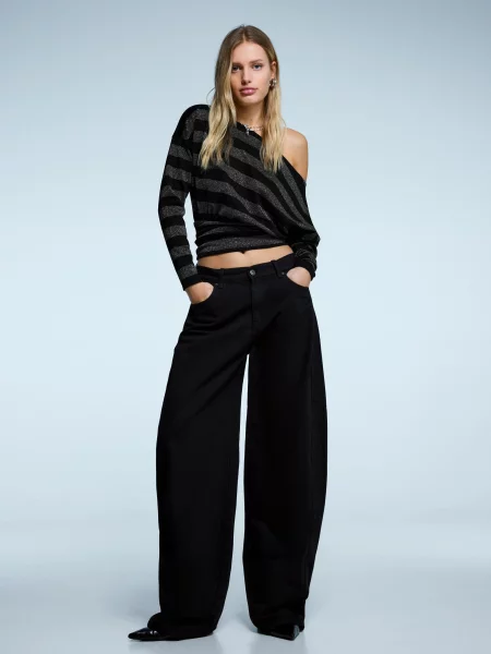 Bershka Asymetryczna Koszulka Z Długim Rękawem W Błyszczące Kobieta M szary