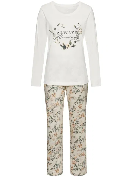 LASCANA Pijama maro cămilă / ecru / verde pastel alb