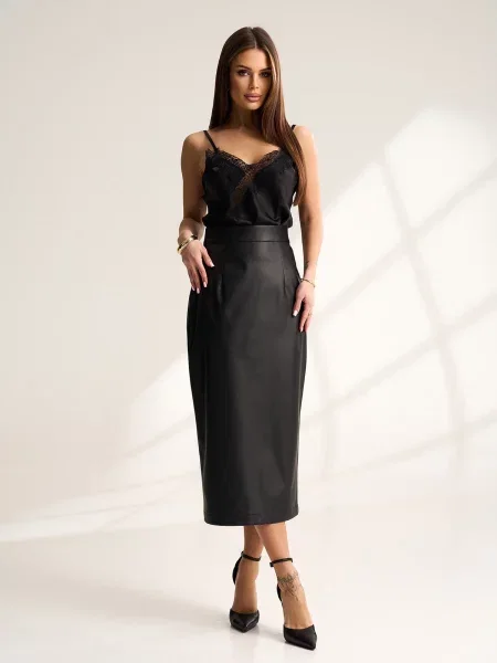 Спідниця міді ISSA Plus екошкіра чорний