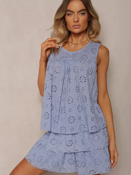 Jasnoniebieska Ażurowa Bluzka Top z Bawełny Bez Rękawów Aalnea niebieska