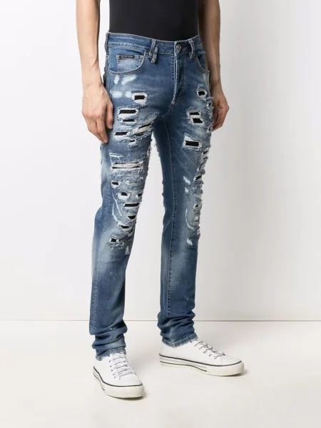 Straight fit džíny Philipp Plein s oděrkami modré