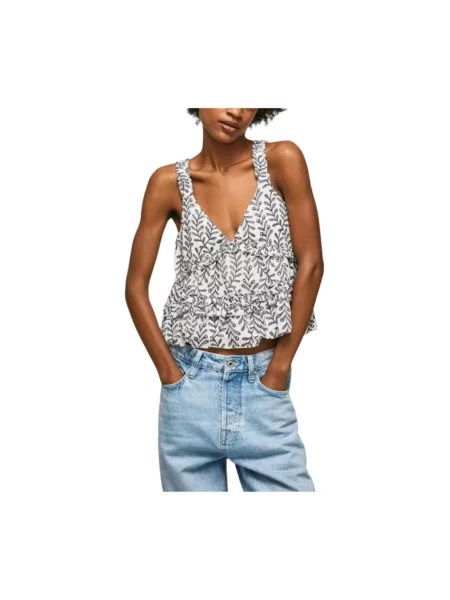 Top Pepe Jeans z dekoltem w serek elegancki szary