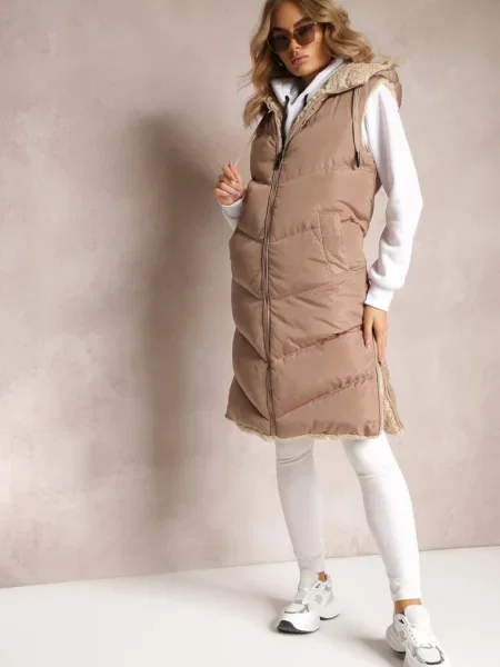 Ciemnobeżowa Dwustronna Kamizelka Pikowana z Futerkiem Madalan beżowa