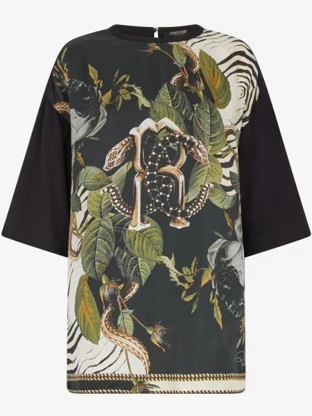 Tricou Roberto Cavalli cu model floral cu imagine verde