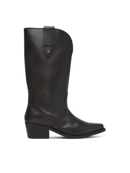 Cizme Tommy Hilfiger Leather Mid Calf Western Boot închis maro
