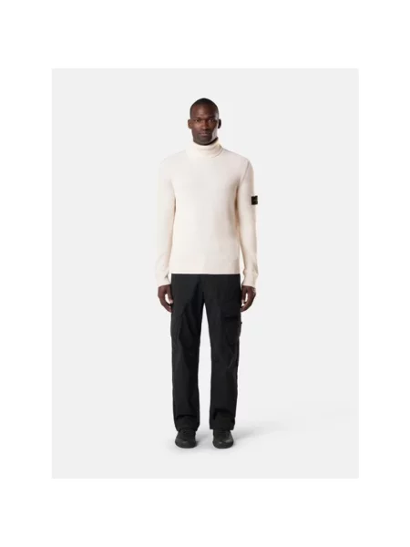 Sweter z golfem Stone Island wełniany w paski z kamieniami beżowy