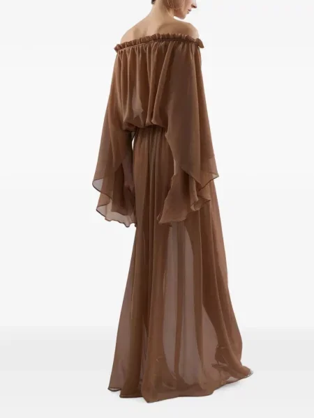 Rochie maxi Taller Marmo de mătase cu umerii deschiși maro