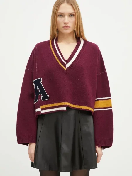 AMBUSH pulover de lână Damaged Rib V Neck Sweater femei călduros bordo