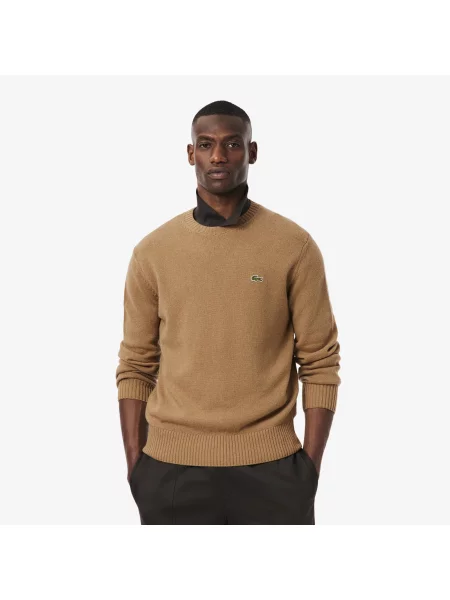 Lacoste Sweter Z Okrągłym Dekoltem Z Wełny Zgrzebnej biały