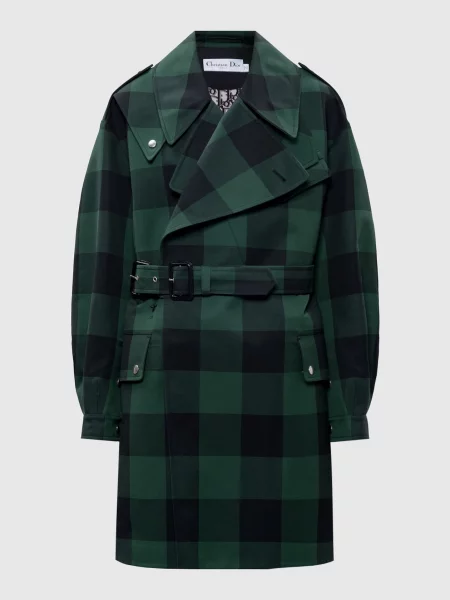 Клетчатый двубортный тренч Christian Dior с вышивкой зеленый