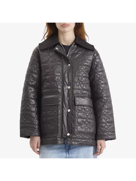 GANNI kurtka Shiny Quilt Midi przejściowa oversize szary