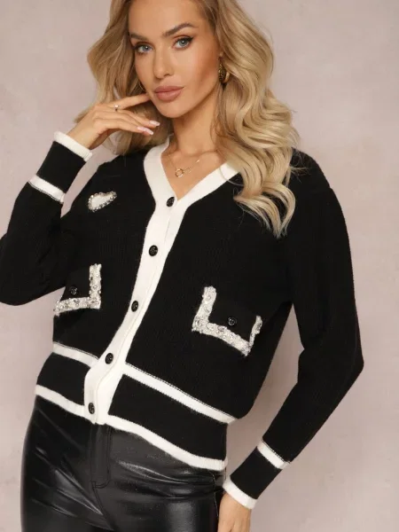 Sweter Kardigan z Kontrastową Lamówką i Naszywkami Narjee czarny