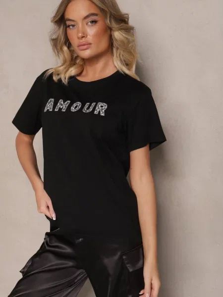 T-shirt z Napisem z Cekinami Marivinna czarny