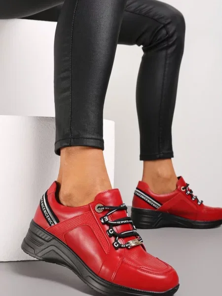 Sneakers cu Brant din Piele cu Inscripții pe Platformă Dorvalia roșii