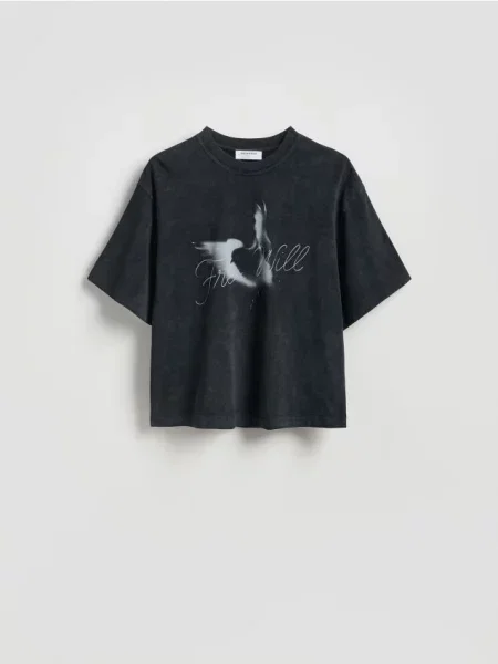 Reserved Tricou boxy cu efect prespălat gri-închis gri
