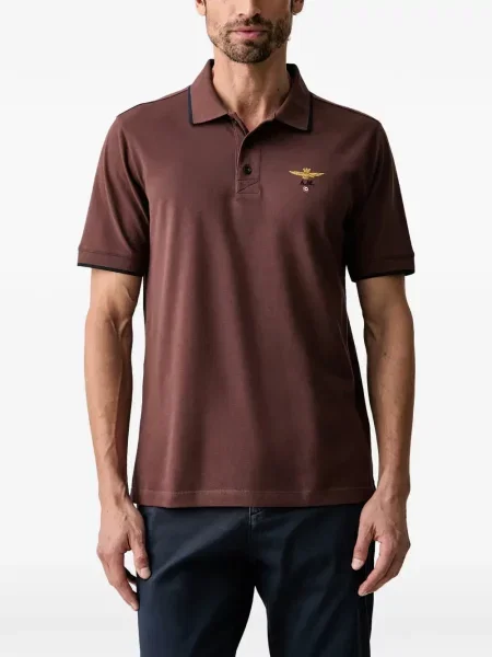 Scurt tricou polo Aeronautica Militare cu broderie maro