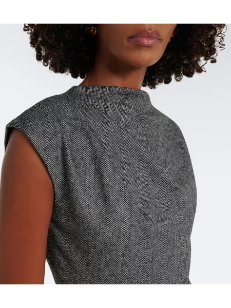 Rochie midi Erdem cu funde cu model herringbone drapată gri