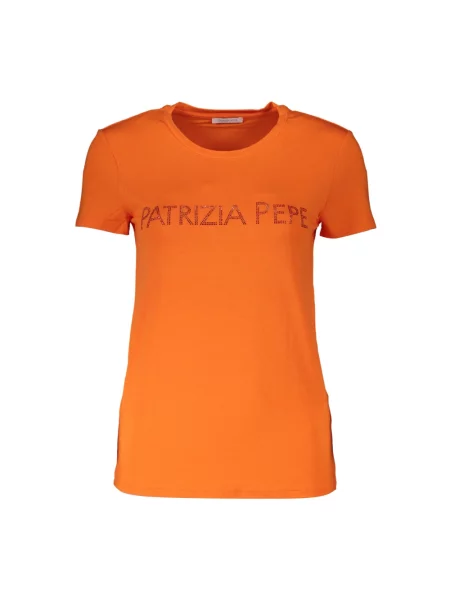 Dzianinowa koszulka Patrizia Pepe z kryształkami z krótkim rękawem pomarańczowa