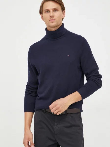 Tommy Hilfiger sweter z domieszką kaszmiru granatowy lekki z golferm niebieski