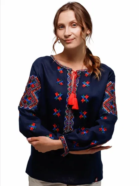 Лляна Вишита сорочка Folk Moda темно-синій синя