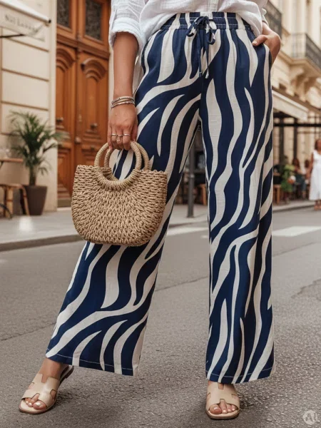 Spodnie wide leg w paski ZEBRAVIBE granatowo-beżowe Dstreet beżowe