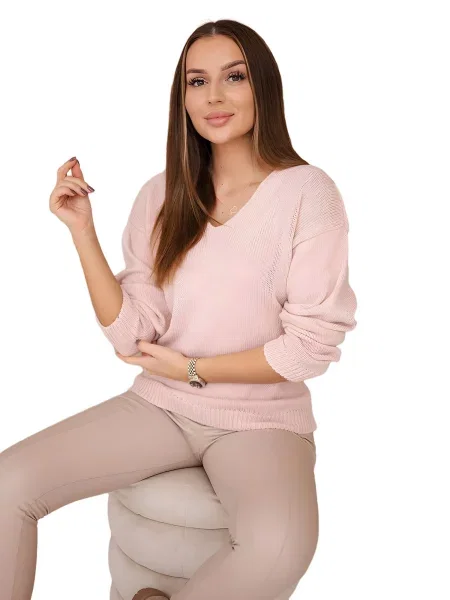 Svetr s výstřihem do V pudrově růžový
